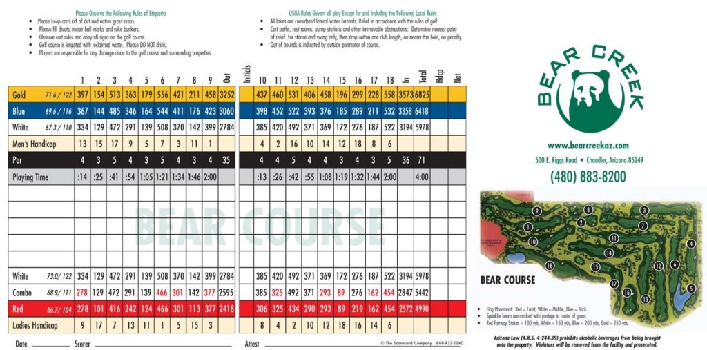 Bear Course scorecard